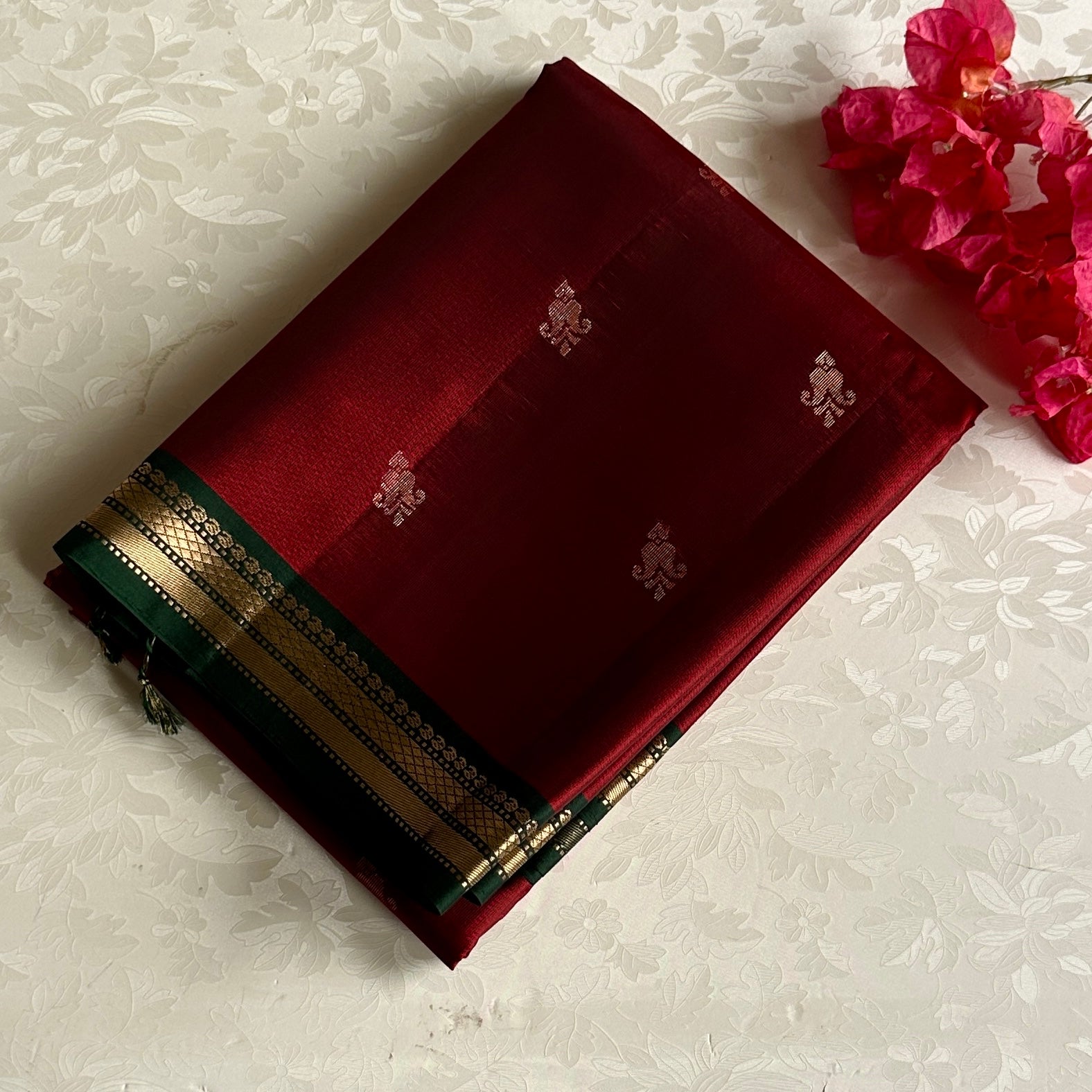 Deep Maroon Designer Pure Silk Saree Bottle Green Pallu Gold Zari