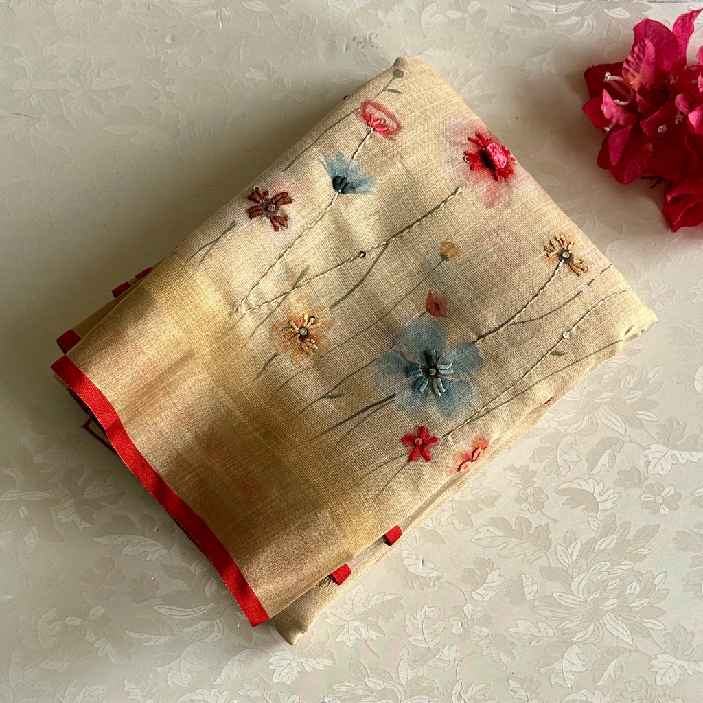 Golden Beige Soft Linen Saree With Scarlet Red Border