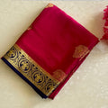 Magenta Silk Saree with Gold Paisley and Indigo Brocade Border