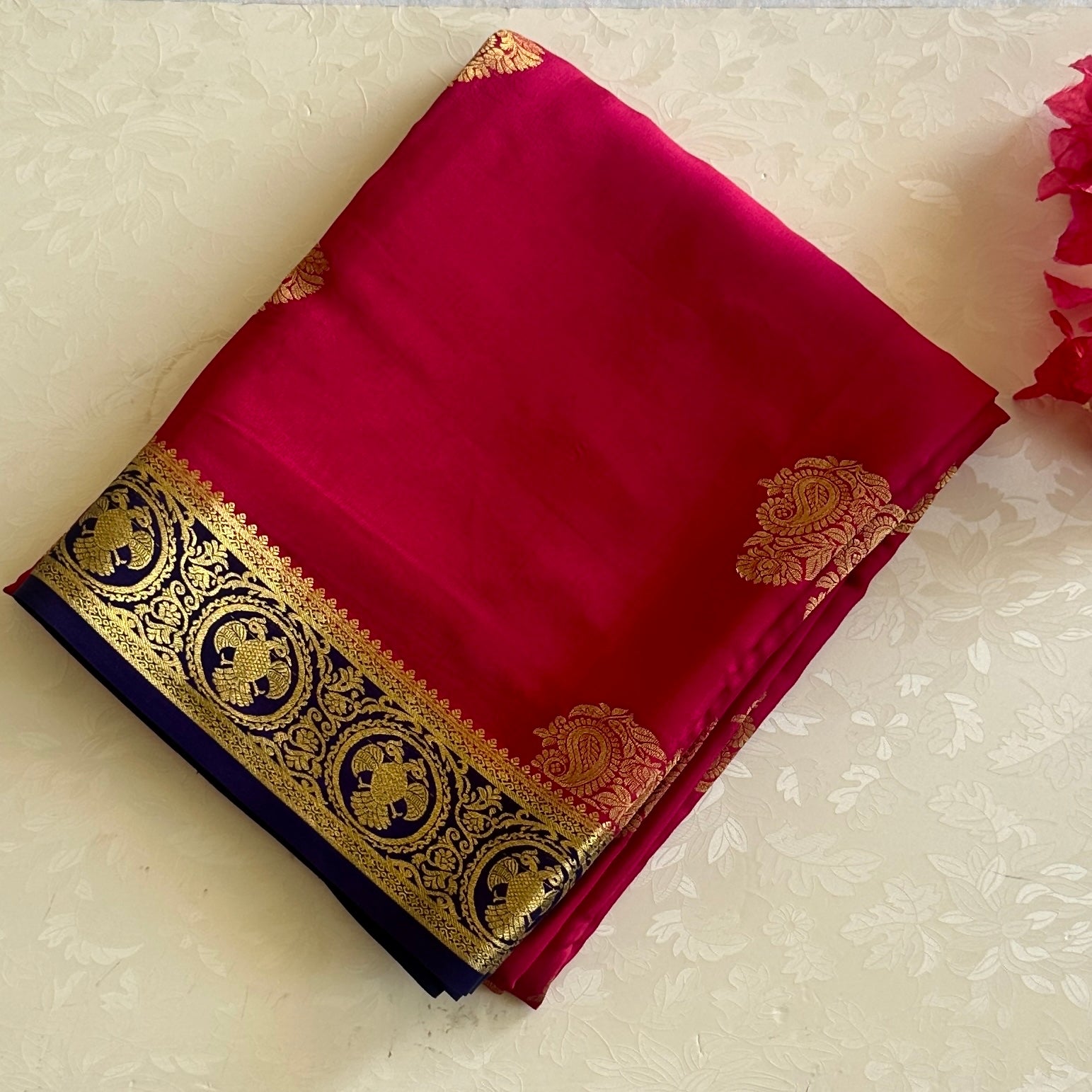 Magenta Silk Saree with Gold Paisley and Indigo Brocade Border