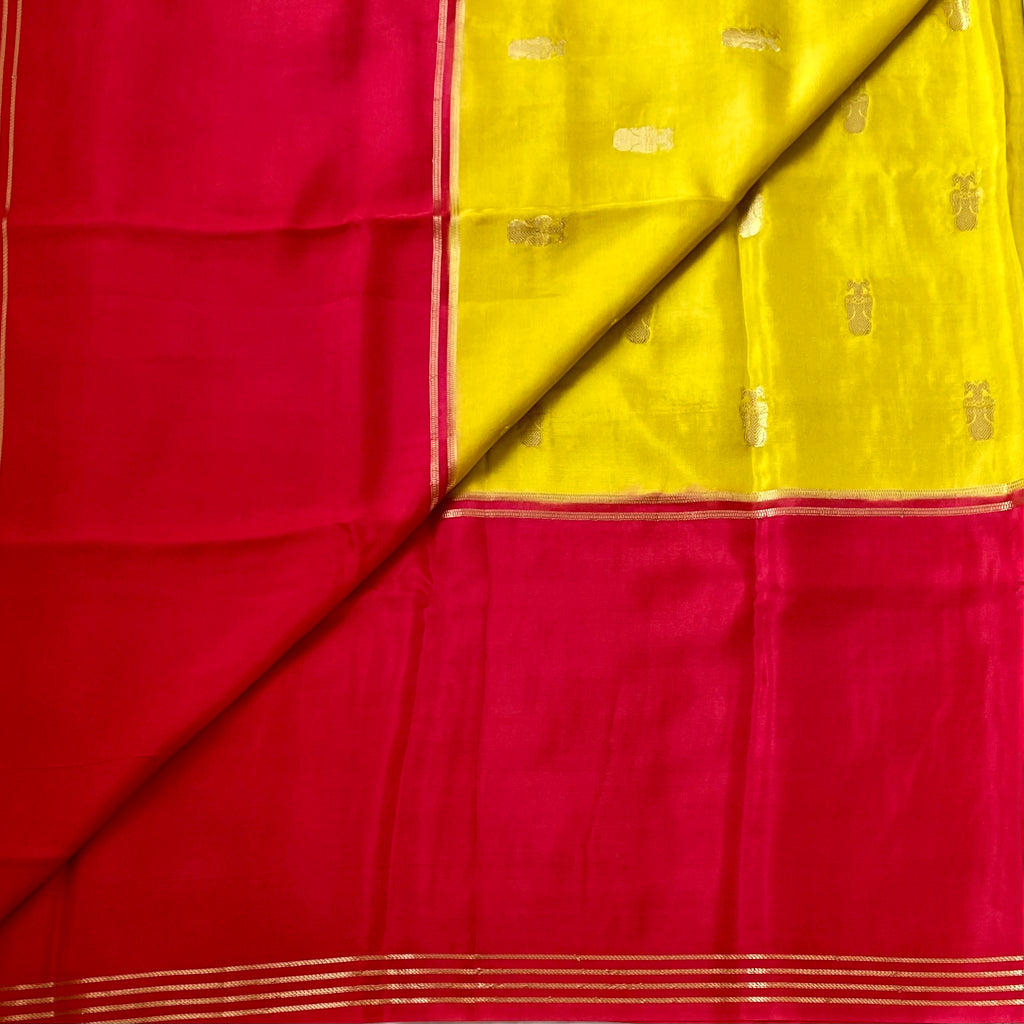 Cherry Red with Lime green Gandaberunda buttas on soft crepe silk