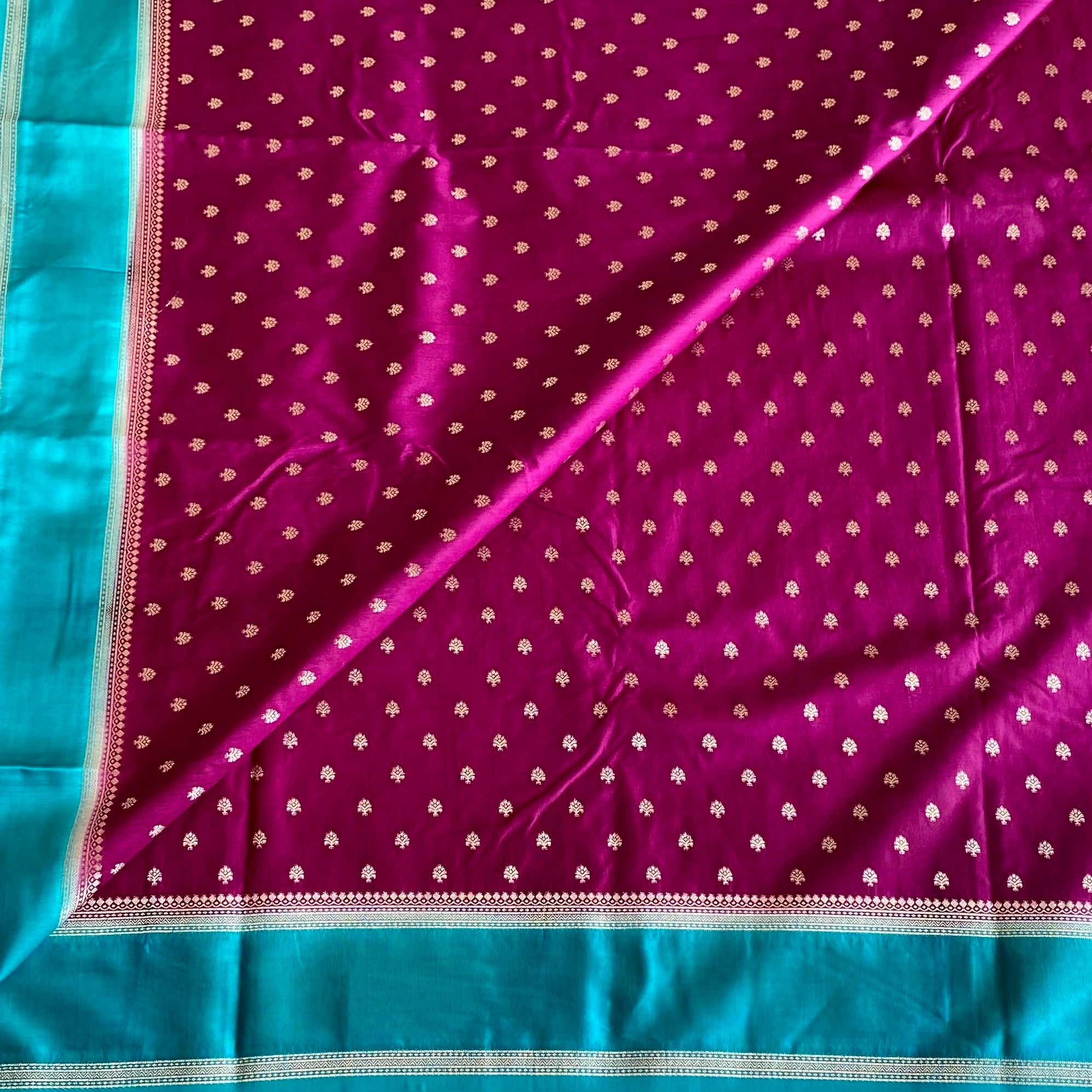 Elegant Magenta Teal Silk Saree Woven Zari Buti Tassel Border