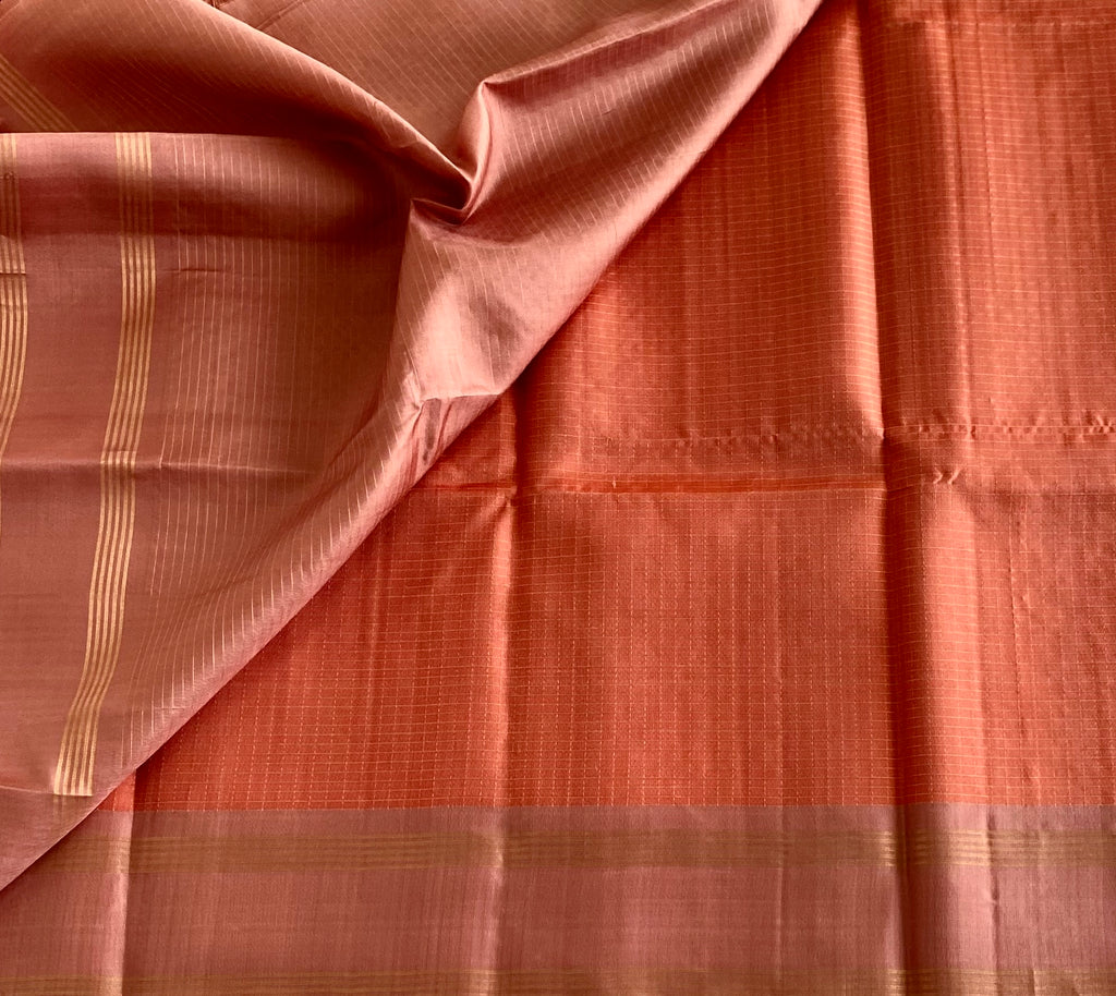 Pastel Peach Designer Pure Silk Checkered With Rose Gold Pallu