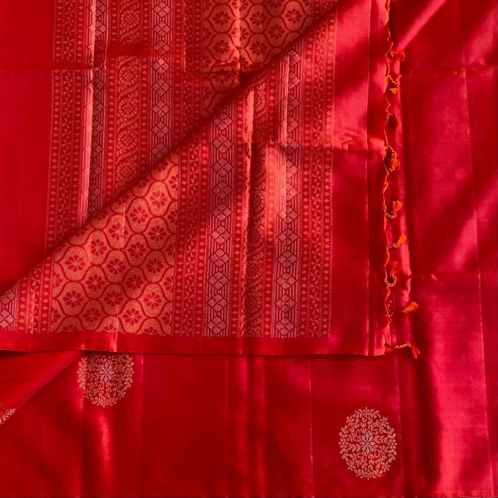 Ruby Red Designer Pure Silk Saree With Zari Woven Buttas
