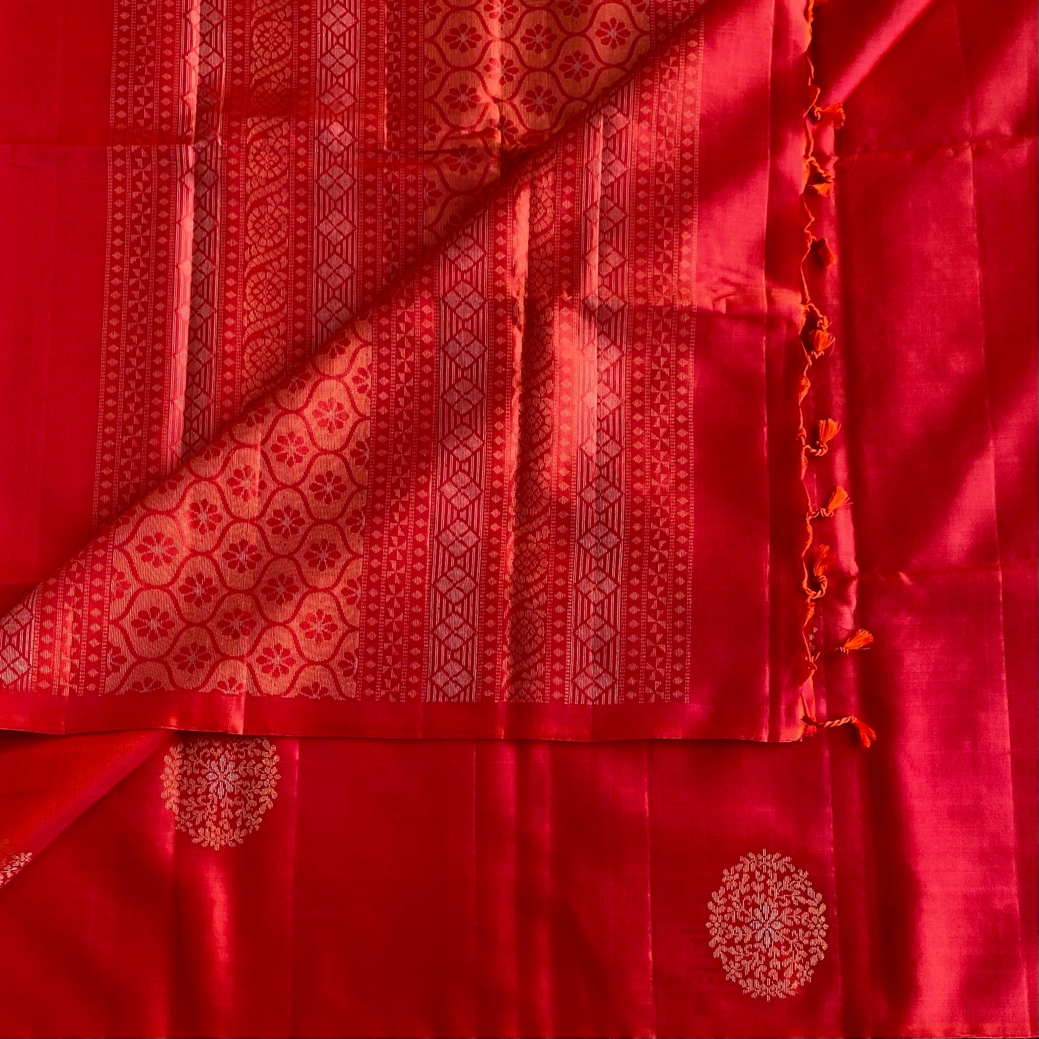 Ruby Red Designer Pure Silk Saree With Zari Woven Buttas