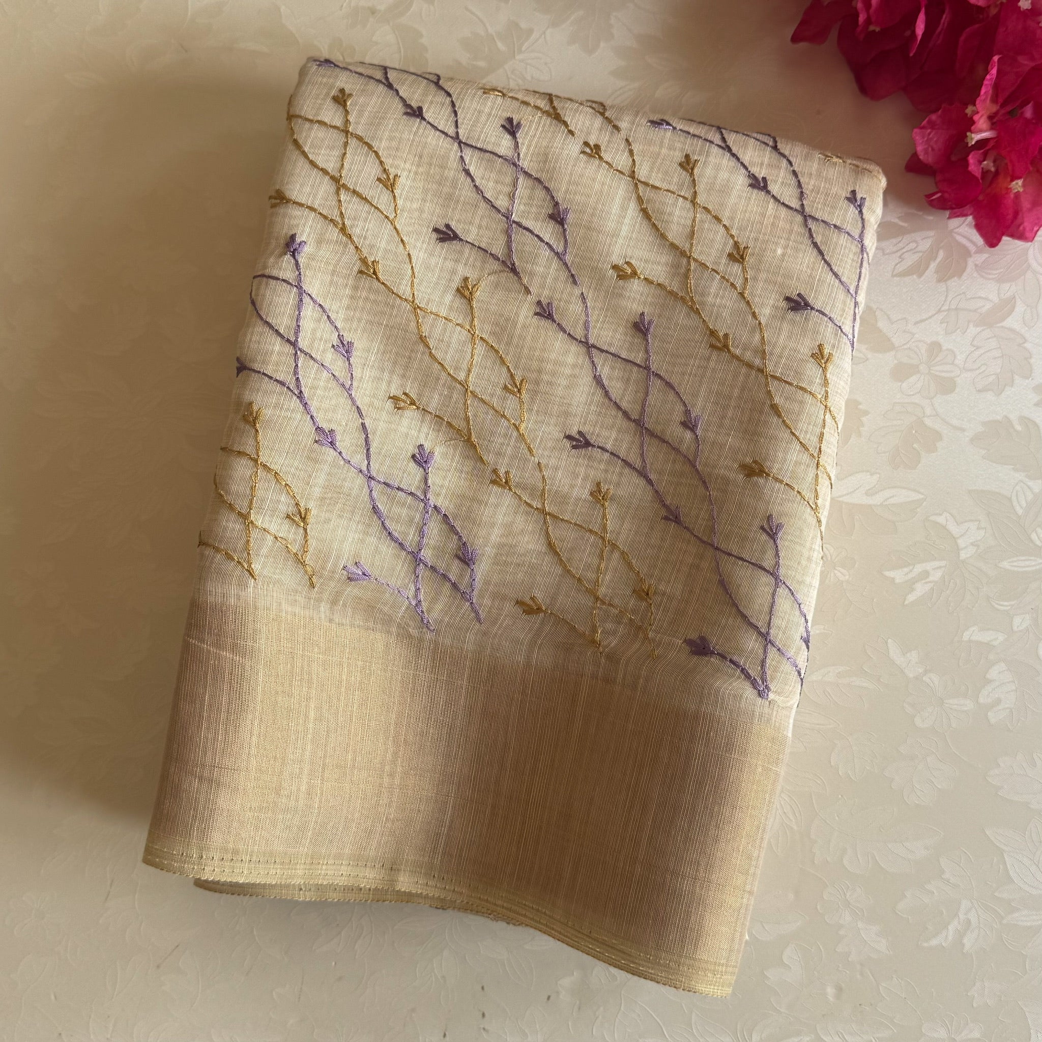 Ivory Beige Embroidered Vine Saree with Dusty Rose Border and Zari