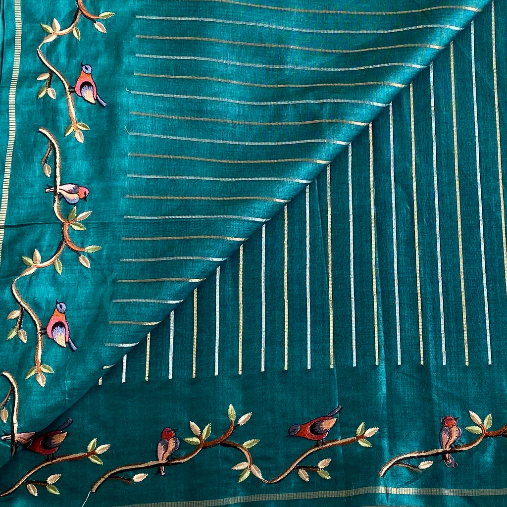 Teal Green Soft Tussar With Stripes & Designer Embroidered Borders