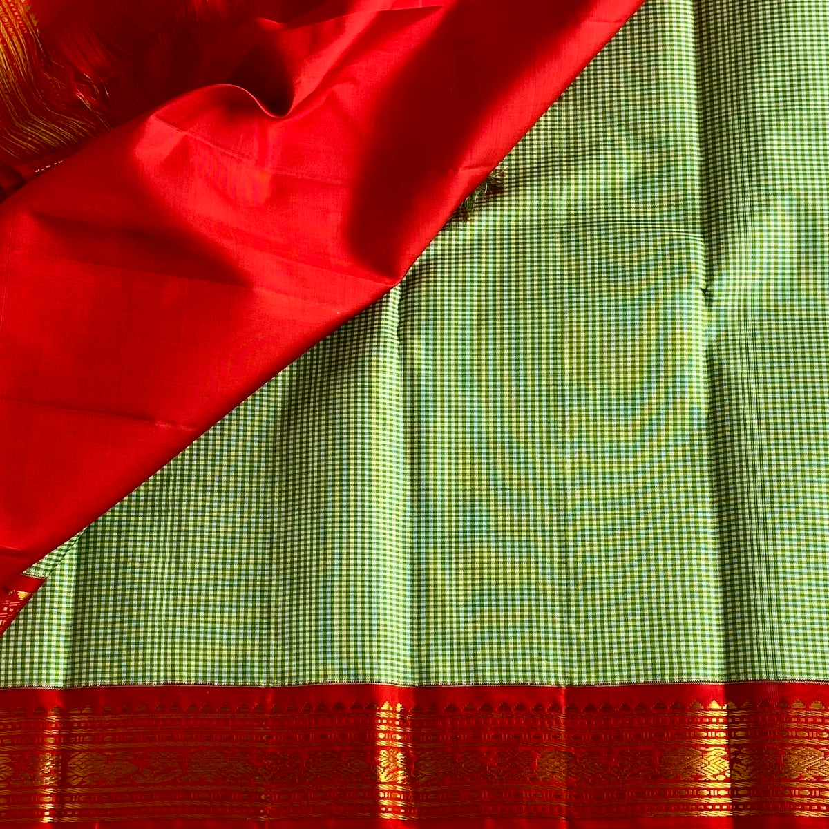 Micro Checkered Mint Green Kanjeevaram Pure Zari Silk Saree With Crimson Red Pallu