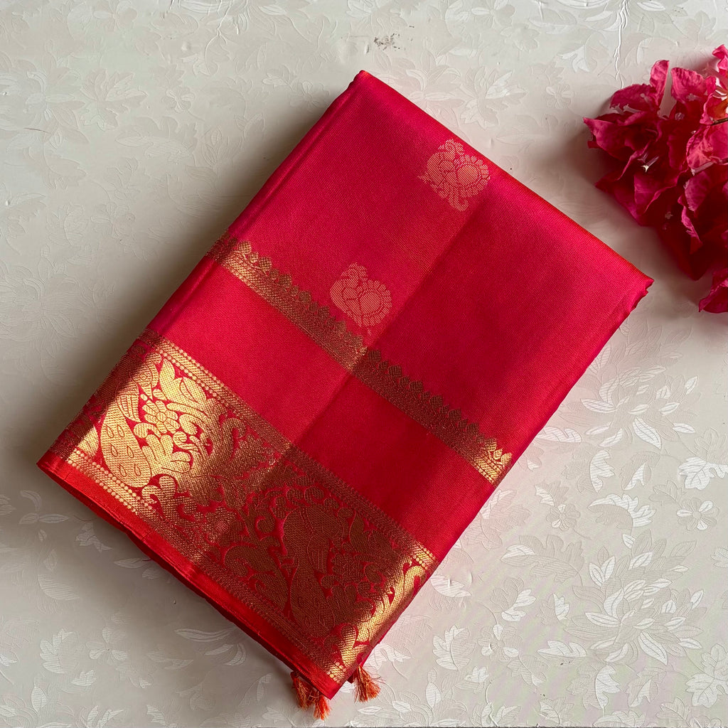 Stunner Reddish Pink Designer Pure Silk Saree With Antique Gold Pallu
