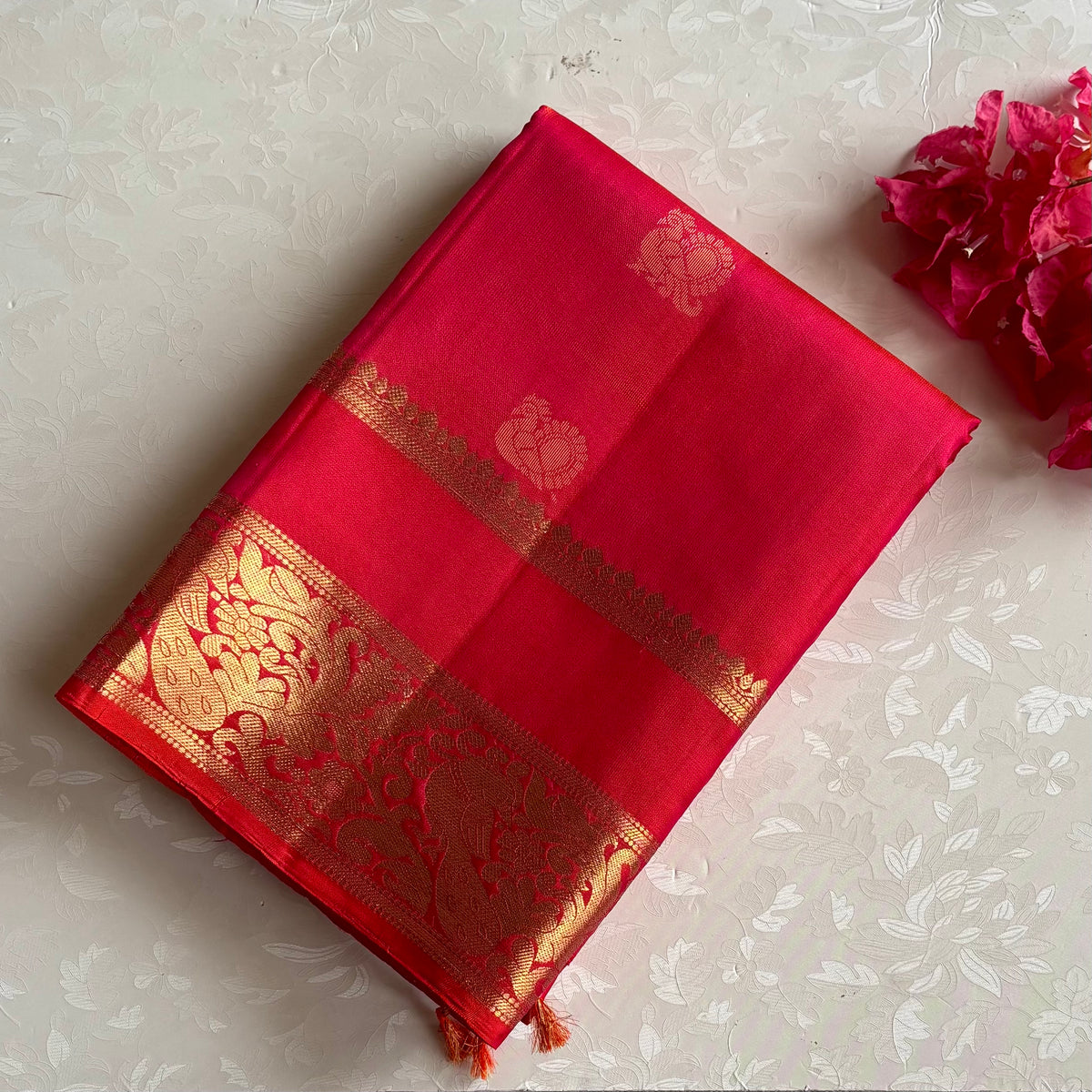 Stunner Reddish Pink Designer Pure Silk Saree With Antique Gold Pallu