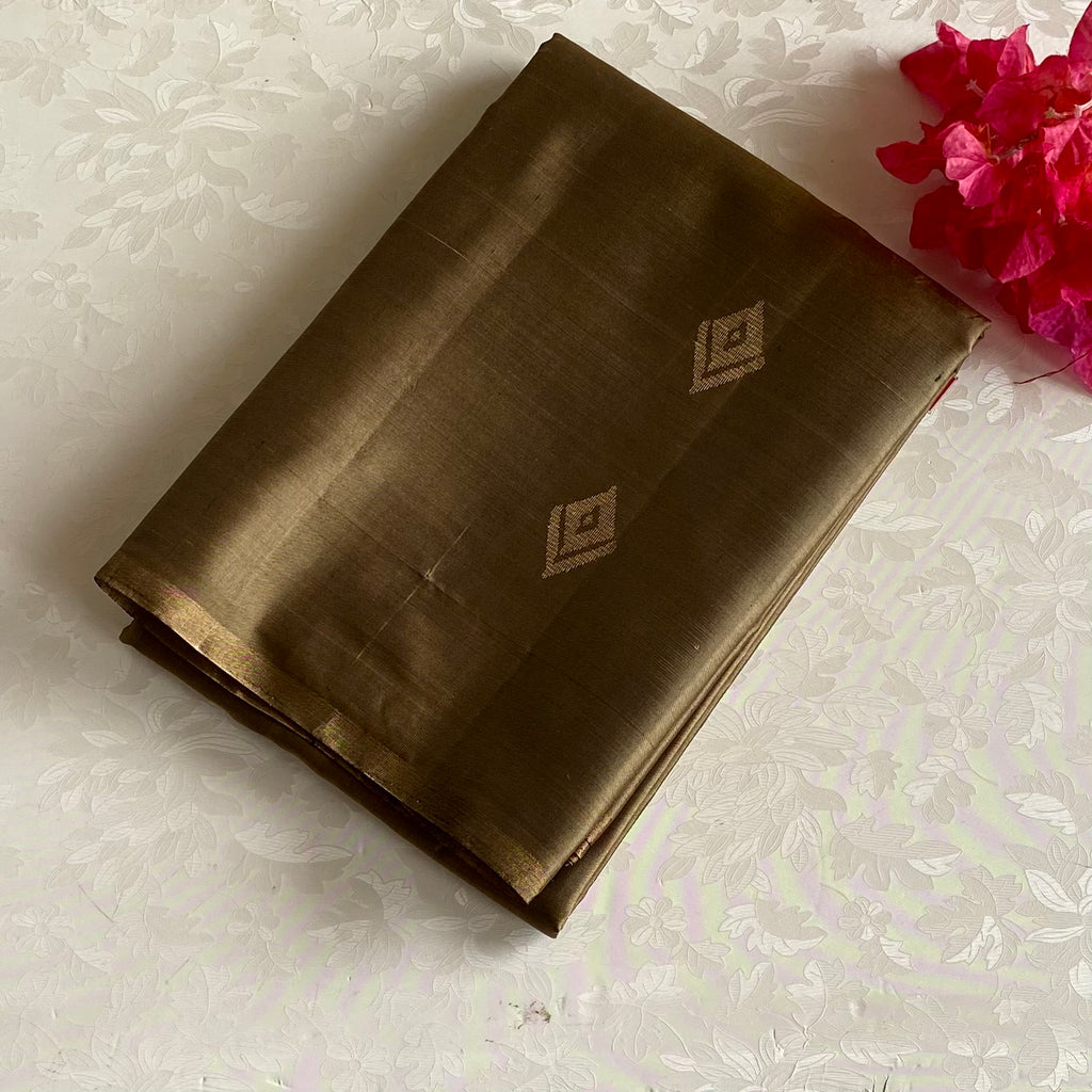 Olive Brown Designer Pure Silk Saree With Rani Pink Pallu