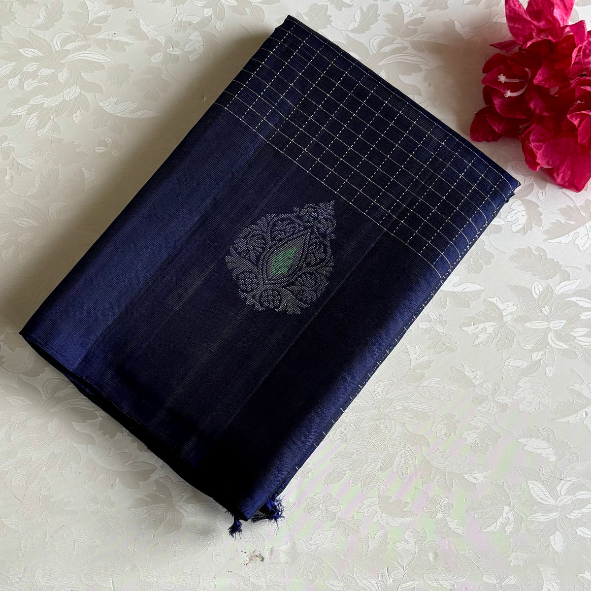 Deep Navy Blue Designer Pure Silk Saree With Antique Silver Weave