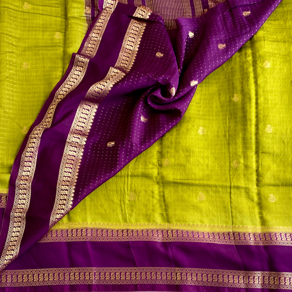 Chartreuse Green Soft Tussar Silk Saree With Royal Purple Pallu Gold Border