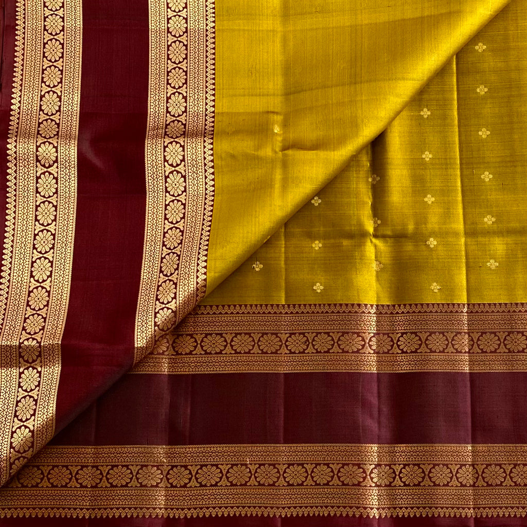 Mustard Yellow Designer Pure Silk Saree With Burgundy Maroon Pallu