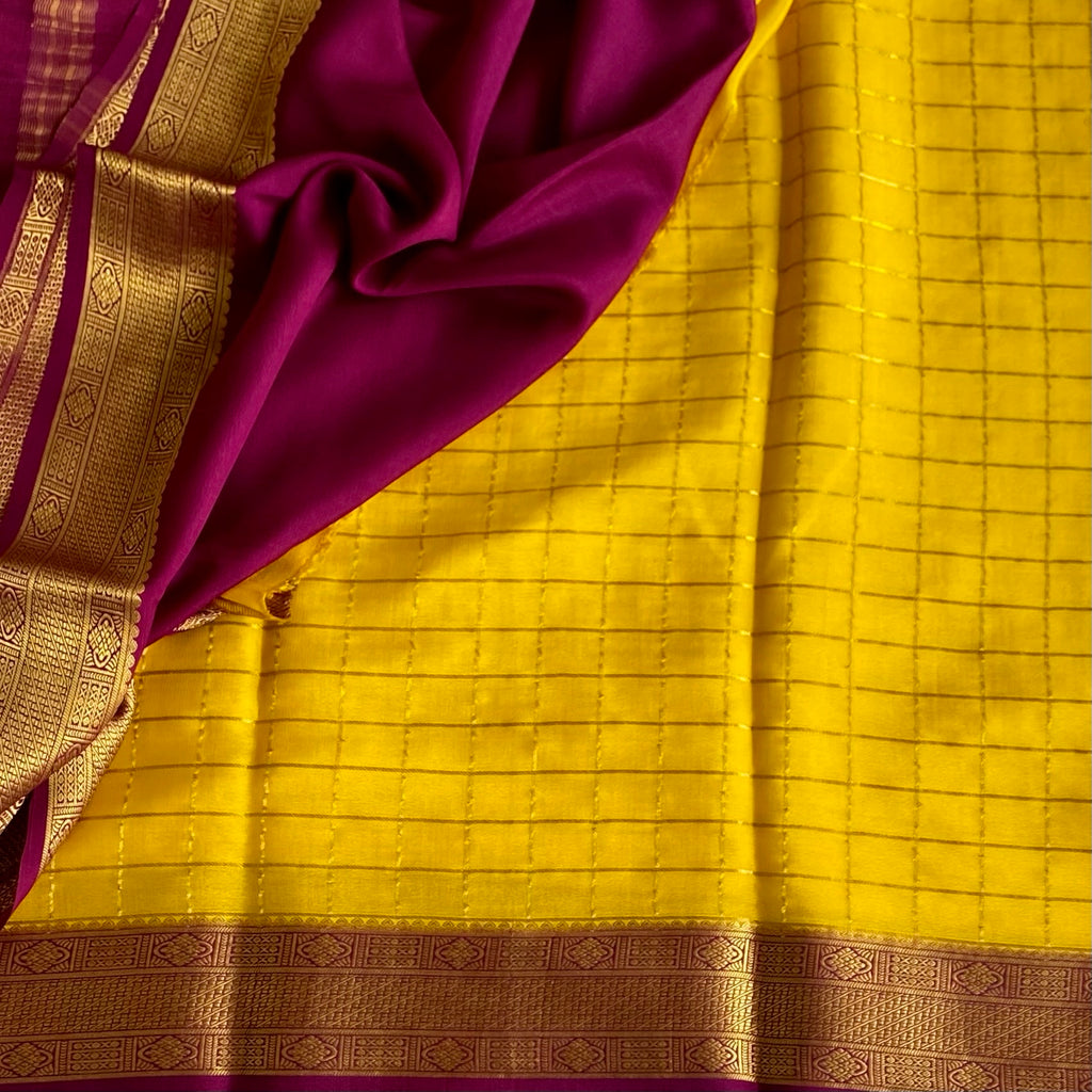 Mustard Yellow Mysore Crepe Silk Saree With Deep Magenta Border