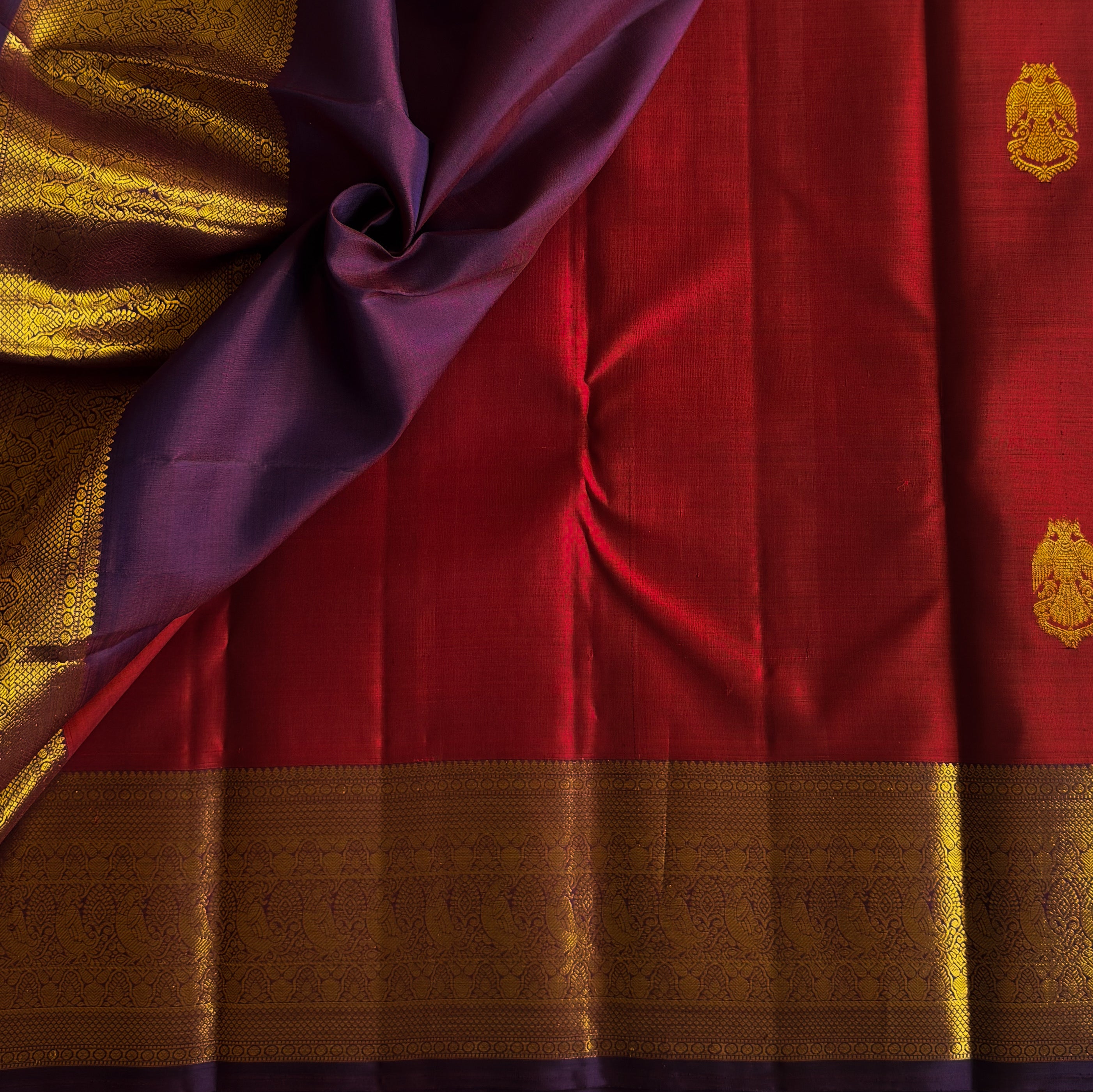 Burgundy Gold Brocade Saree with Royal Blue Contrast Body