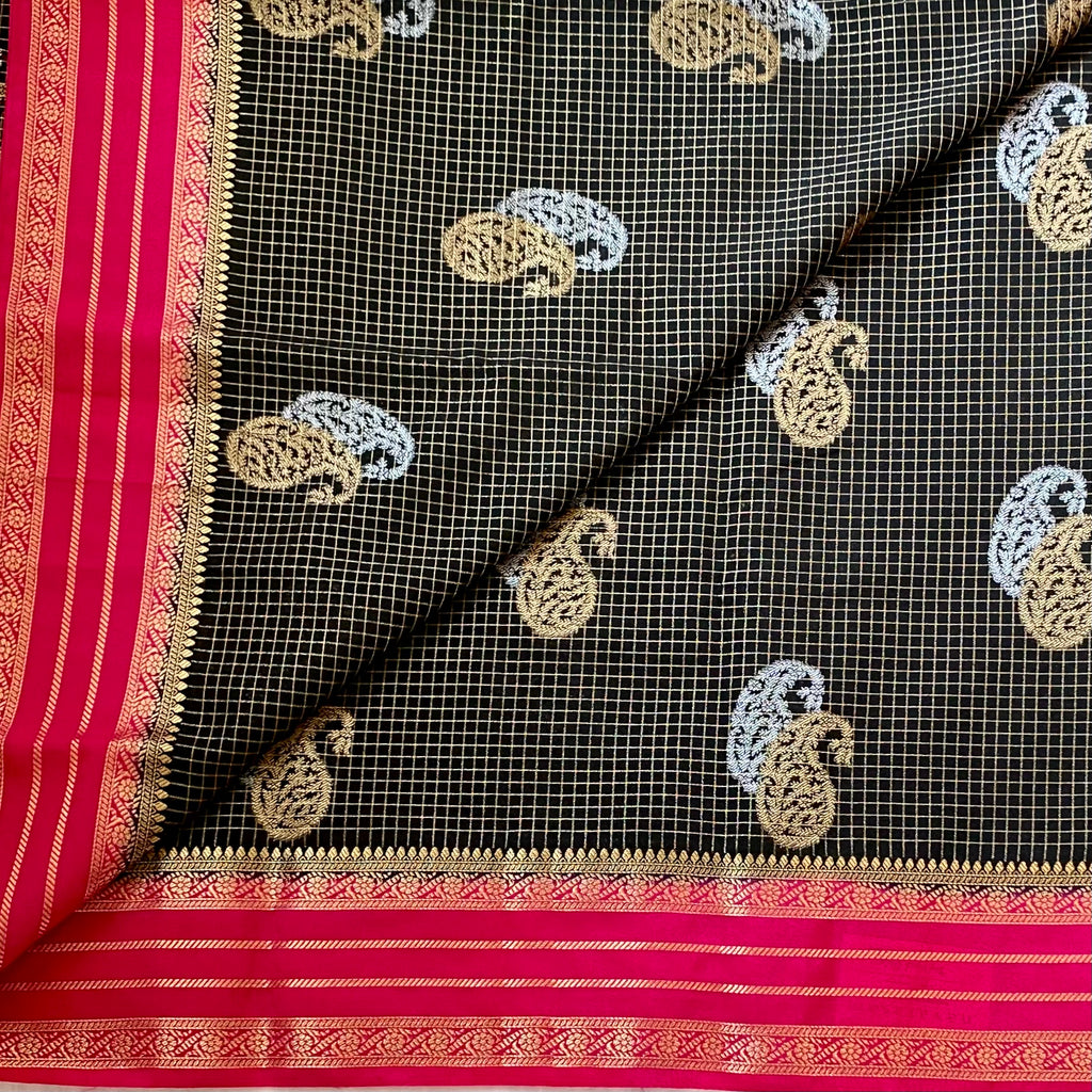 Charcoal Black Fuchsia Brocade Saree With Gold Paisley Motifs