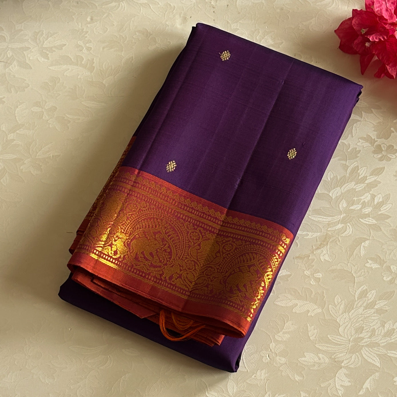 Elegant Wine Red Silk Saree Gold Brocade Buttas Temple Border