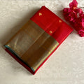 Antique Gold Designer Pure Silk Saree With Crimson Red Pallu