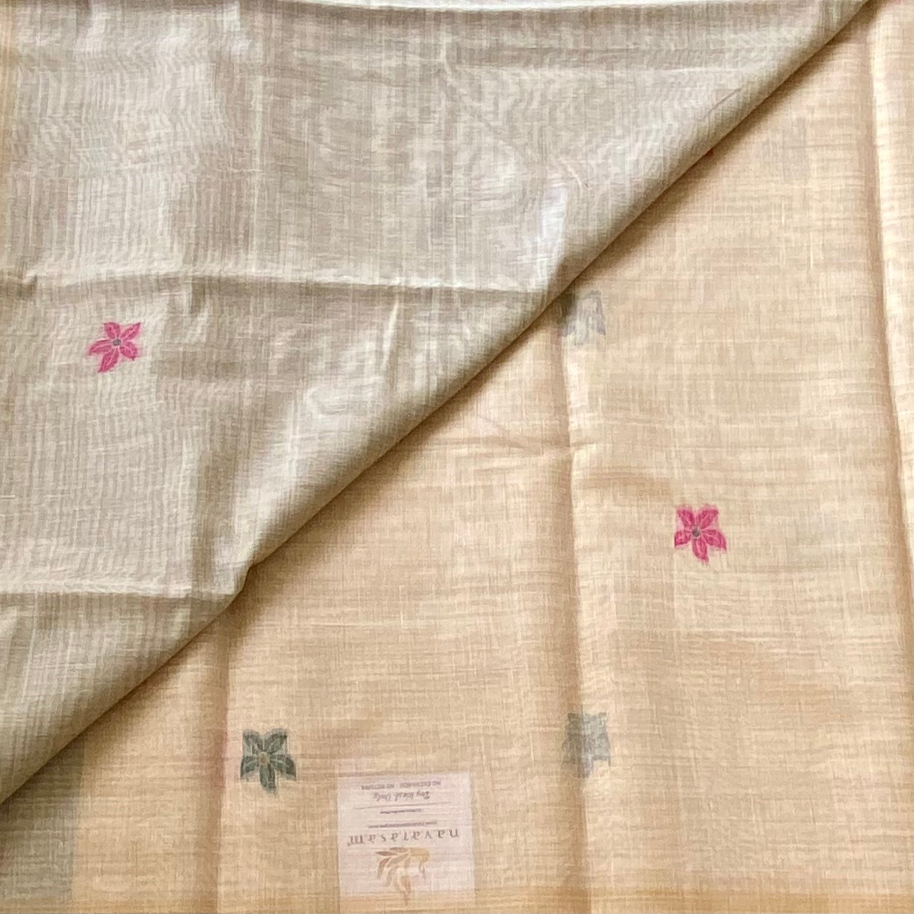 Oatmeal Beige Floral Pallu Saree With Gold Zari Tassels