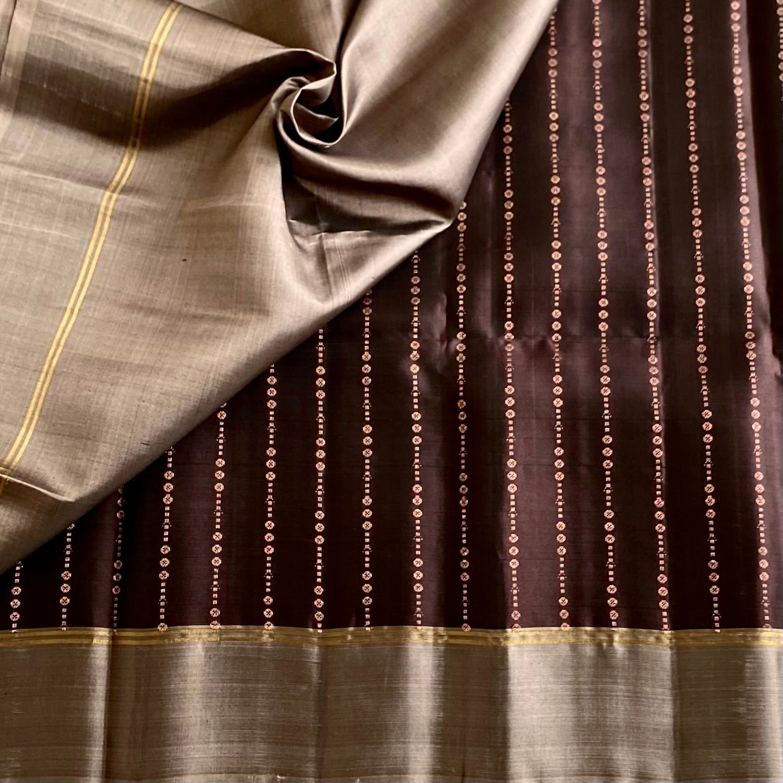 Dark Brown Designer Pure Silk Saree With Taupe Beige Pallu