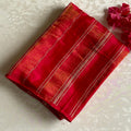 Fiery Ruby Red With Dark Green Soft Tussar Silk Saree With Metallic Gold Butis And Stripes