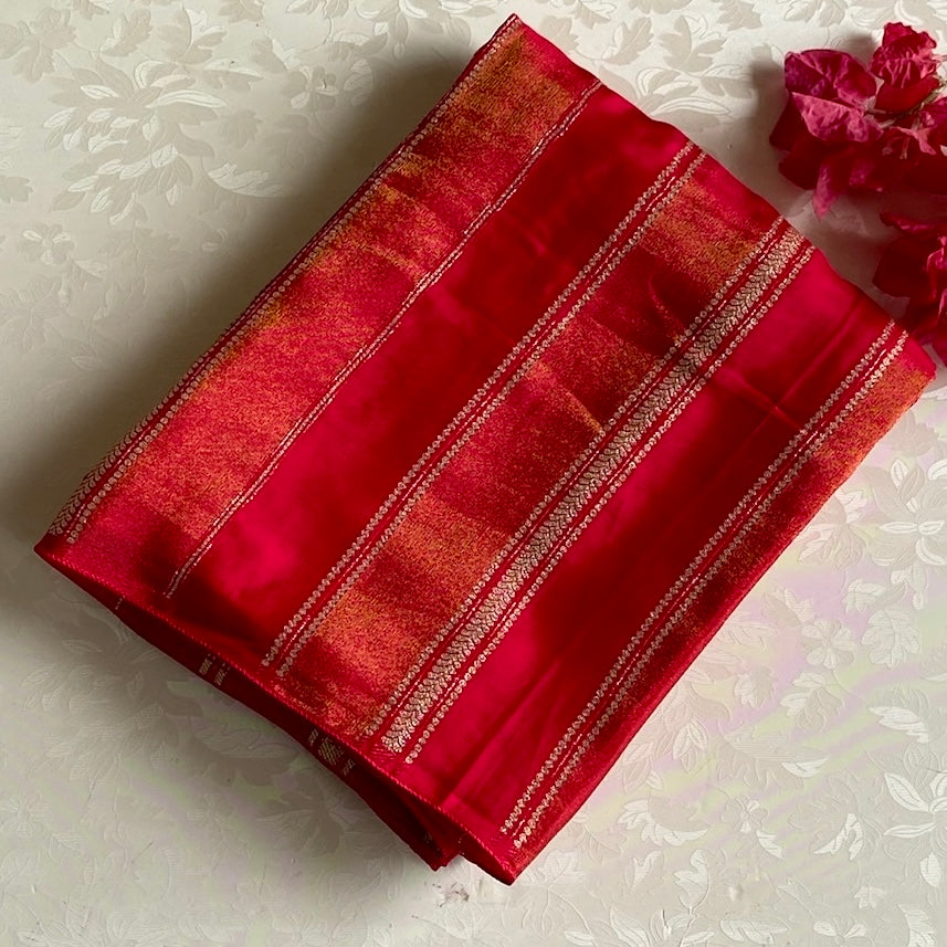 Fiery Ruby Red With Dark Green Soft Tussar Silk Saree With Metallic Gold Butis And Stripes