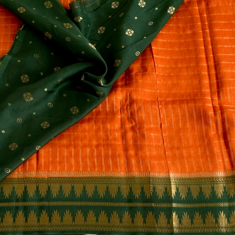 Tangerine Orange Soft Tussar Silk Saree With Bottle Green Pallu