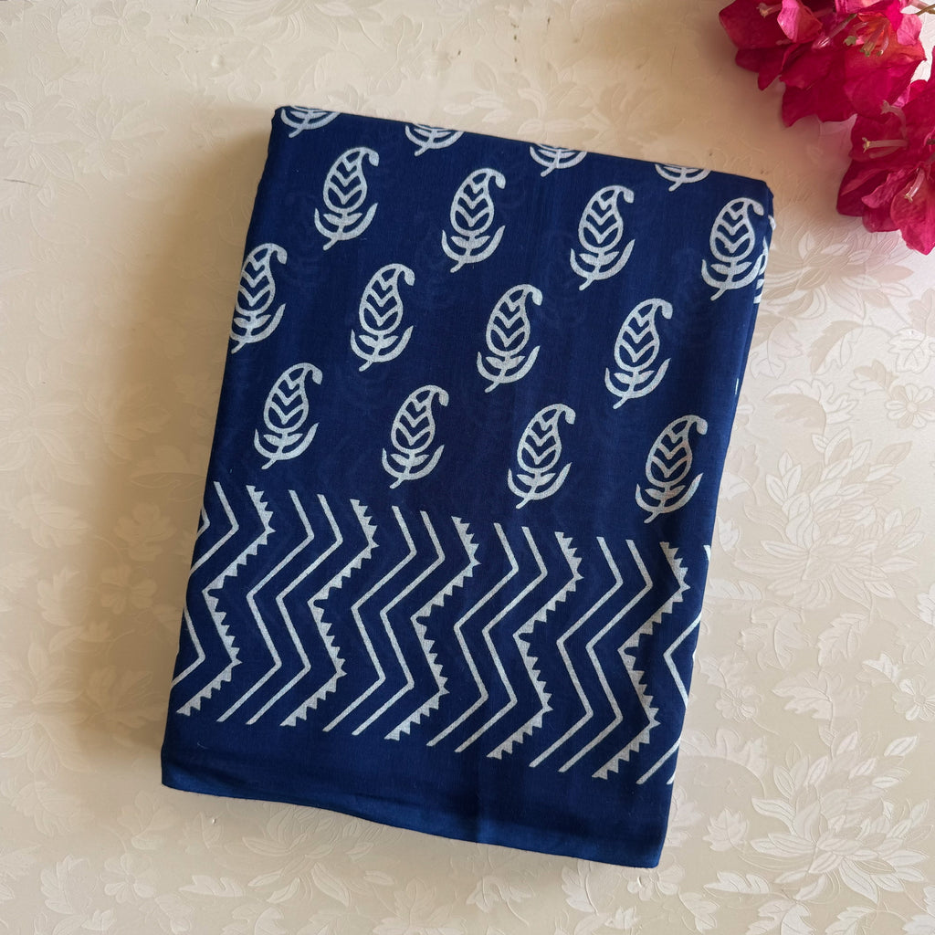 Navy Blue Block Print Cotton Saree Paisley Chevron Border Traditional