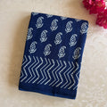 Navy Blue Block Print Cotton Saree Paisley Chevron Border Traditional
