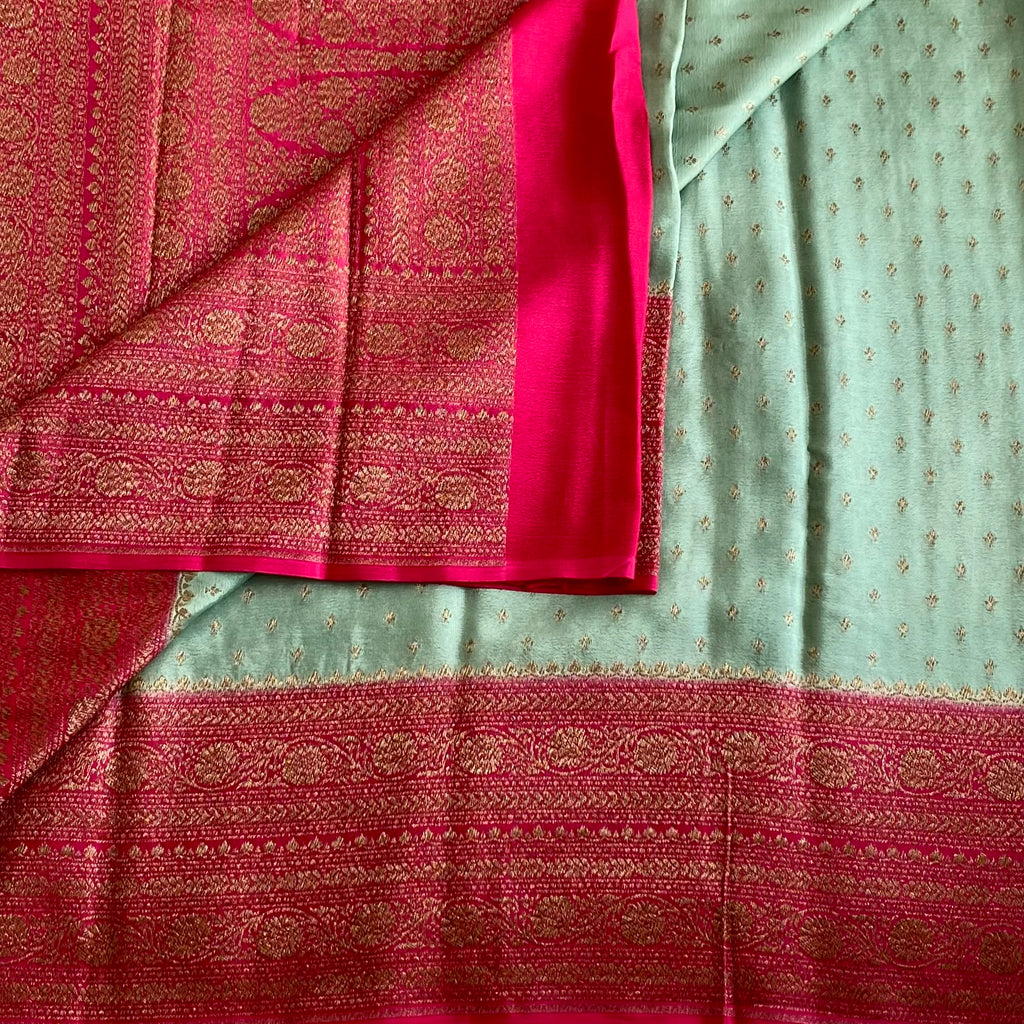 Mint Green Banarasi Crepe Silk Saree With Rani Pink Contrast Panel