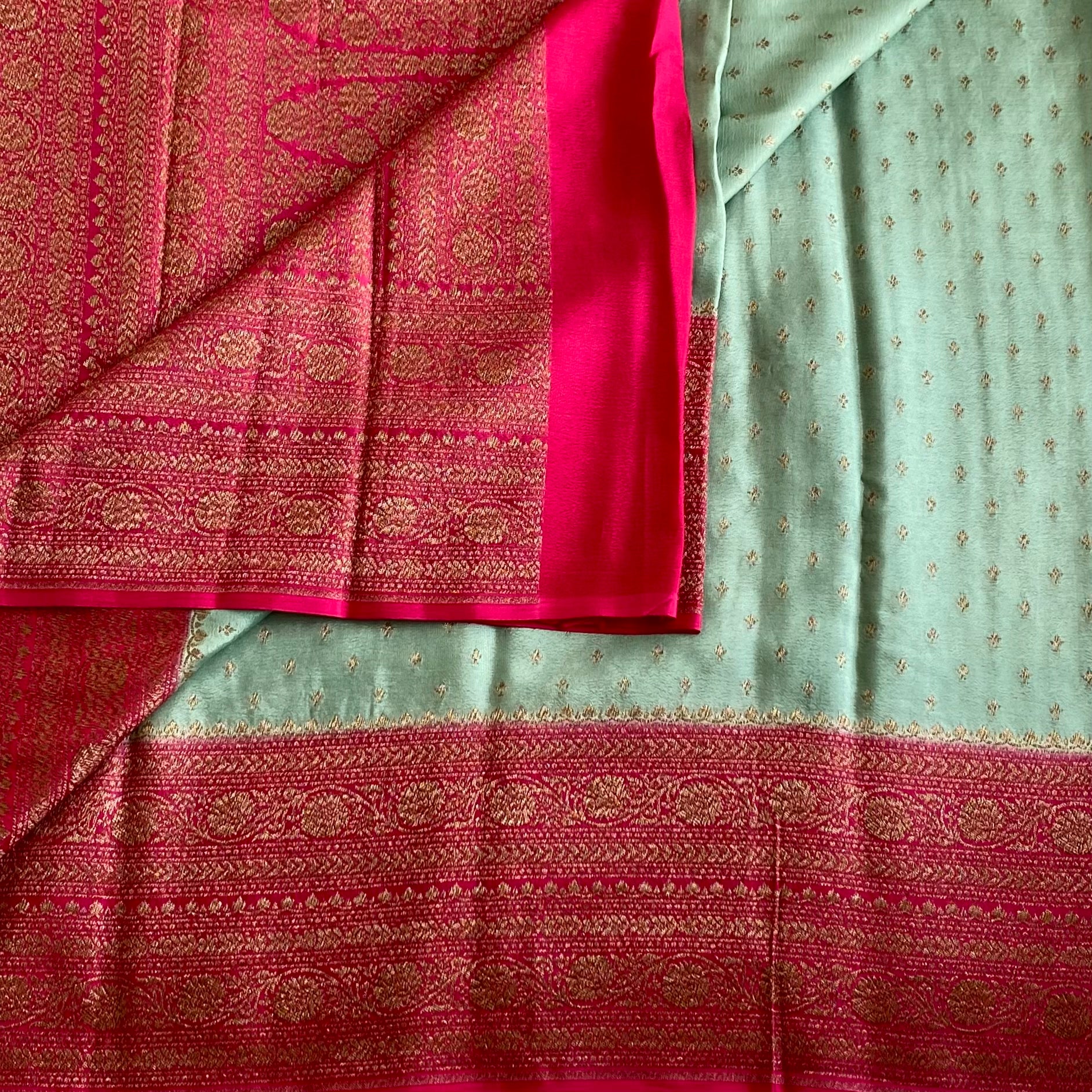 Mint Green Banarasi Crepe Silk Saree With Rani Pink Contrast Panel