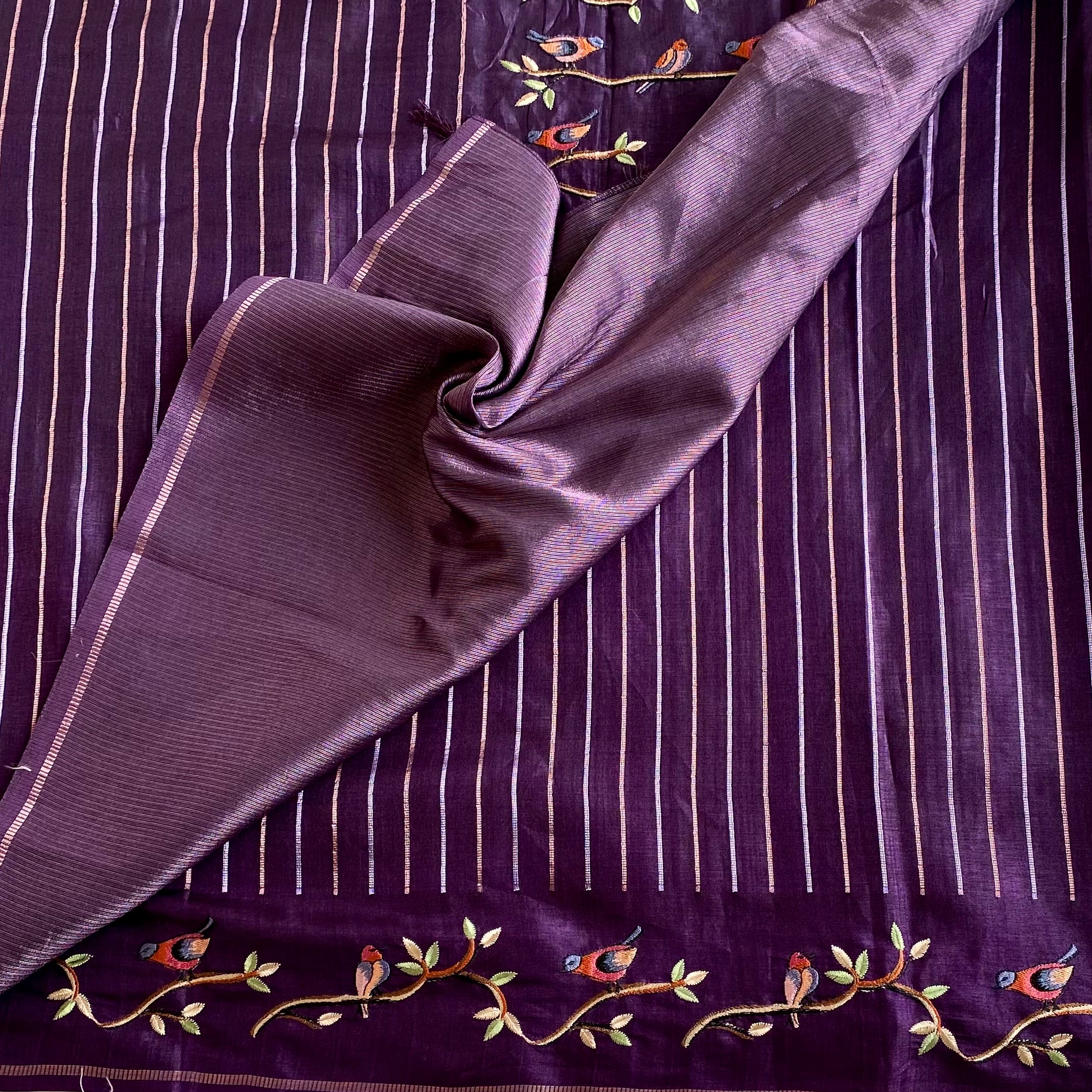 Deep Purple Soft Tussar With Designer Embroidered Borders