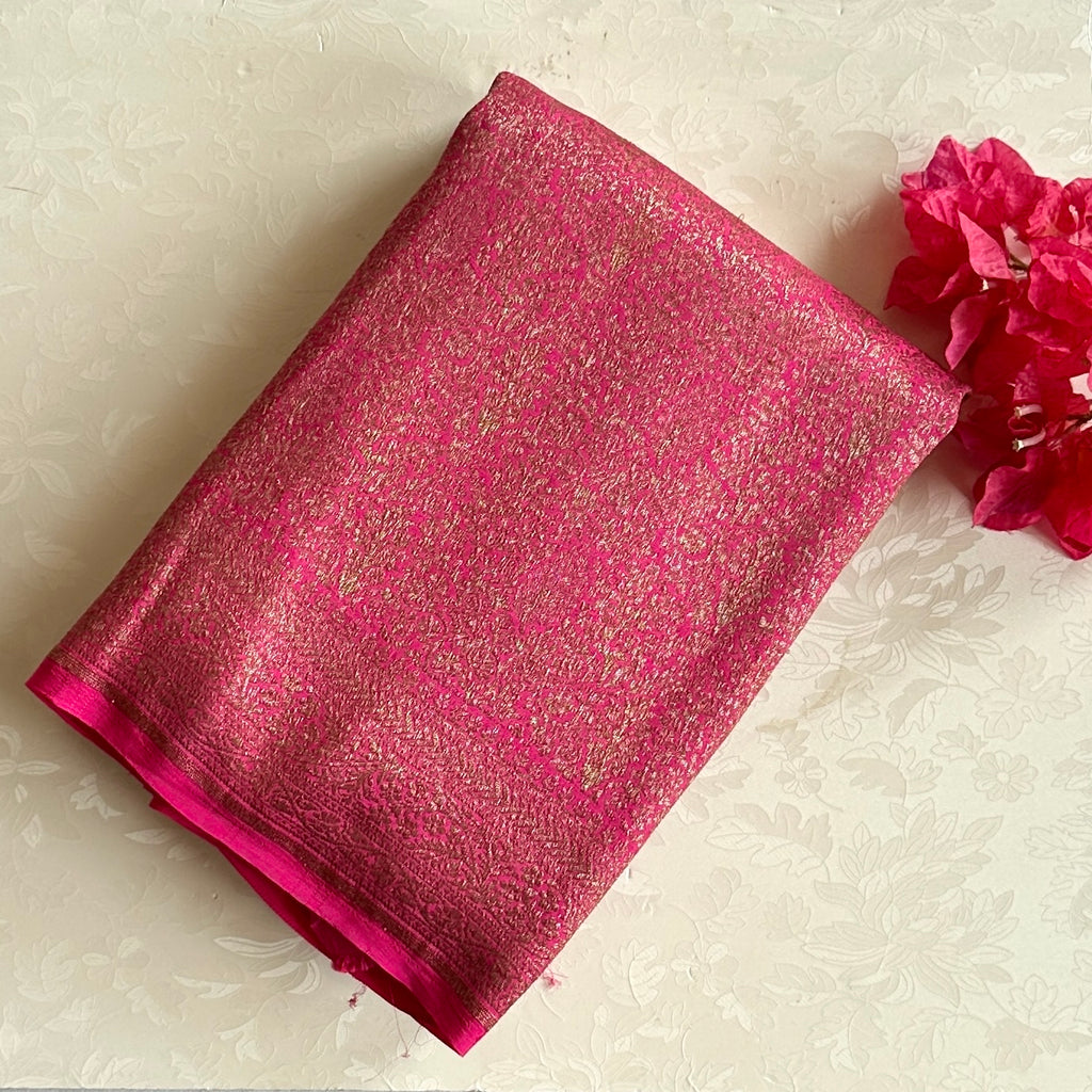 Magenta Gold Brocade Saree Elongated Paisley Pallu Wedding Wear Traditional