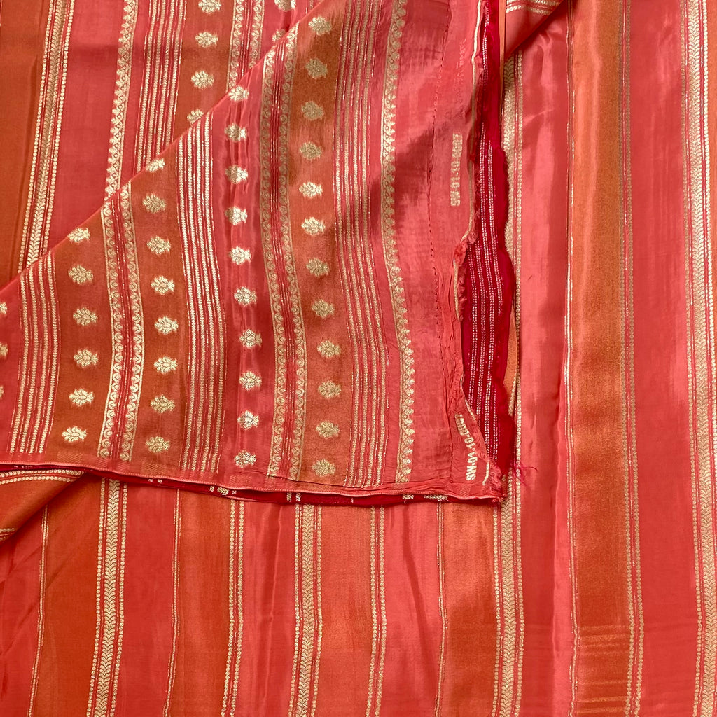 Coral Pink Striped Designer Soft blended silk with contrast red blouse