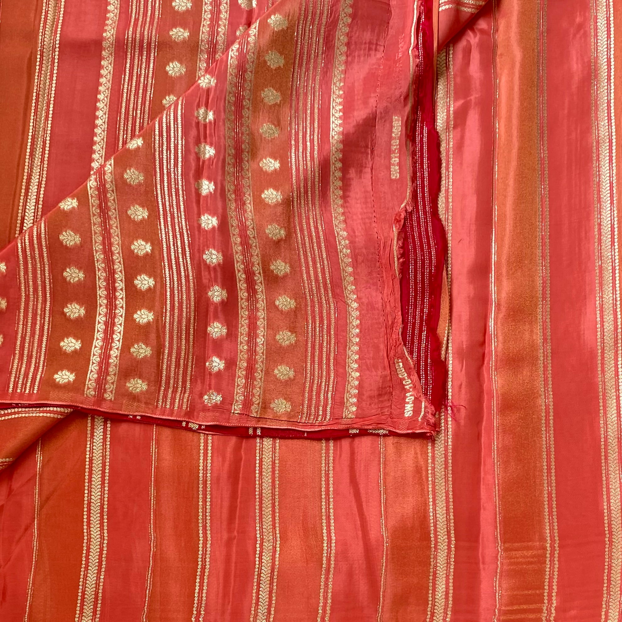 Coral Pink Striped Designer Soft blended silk with contrast red blouse
