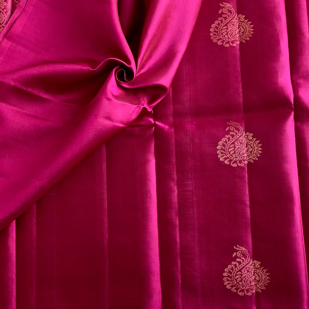 Deep Rani Pink Designer Pure Silk Saree With Antique Gold Buttas