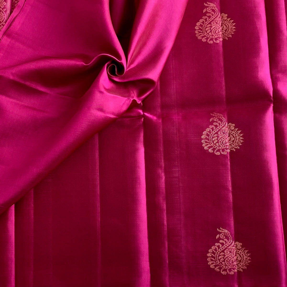Deep Rani Pink Designer Pure Silk Saree With Antique Gold Buttas