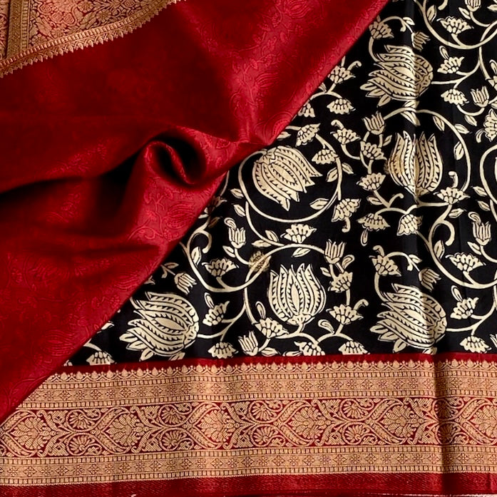 Jet Black Soft Tussar Silk Saree With Deep Maroon Pallu