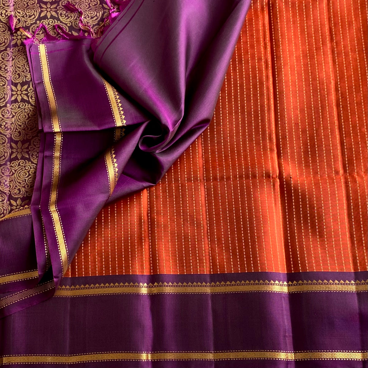 Burnt Orange & Deep Purple Designer Pure Silk With Retta Petta Borders