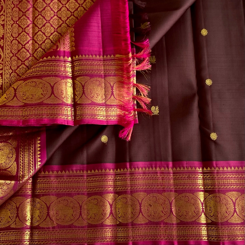 Chocolate Brown Kanjeevaram Pure Zari Silk Saree With Bright Magenta Pallu