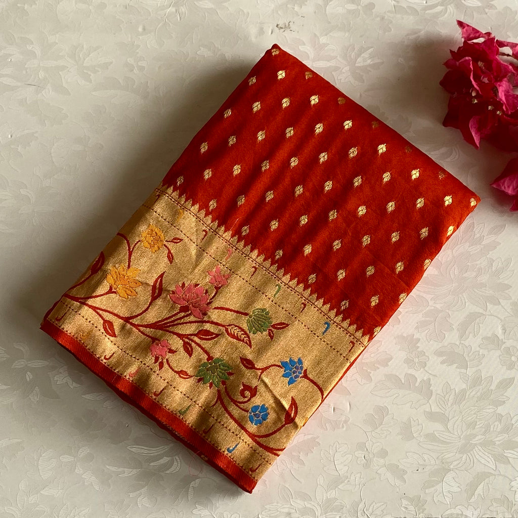 Burnt Orange Soft Crepe Silk Saree With Antique Gold Pallu