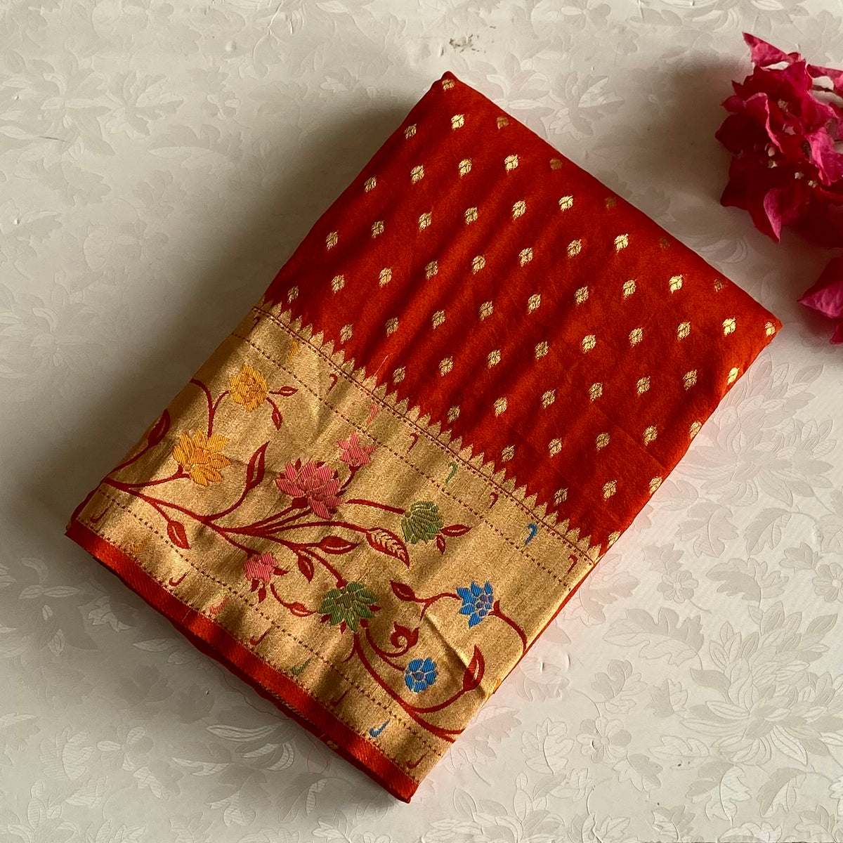 Burnt Orange Soft Crepe Silk Saree With Antique Gold Pallu
