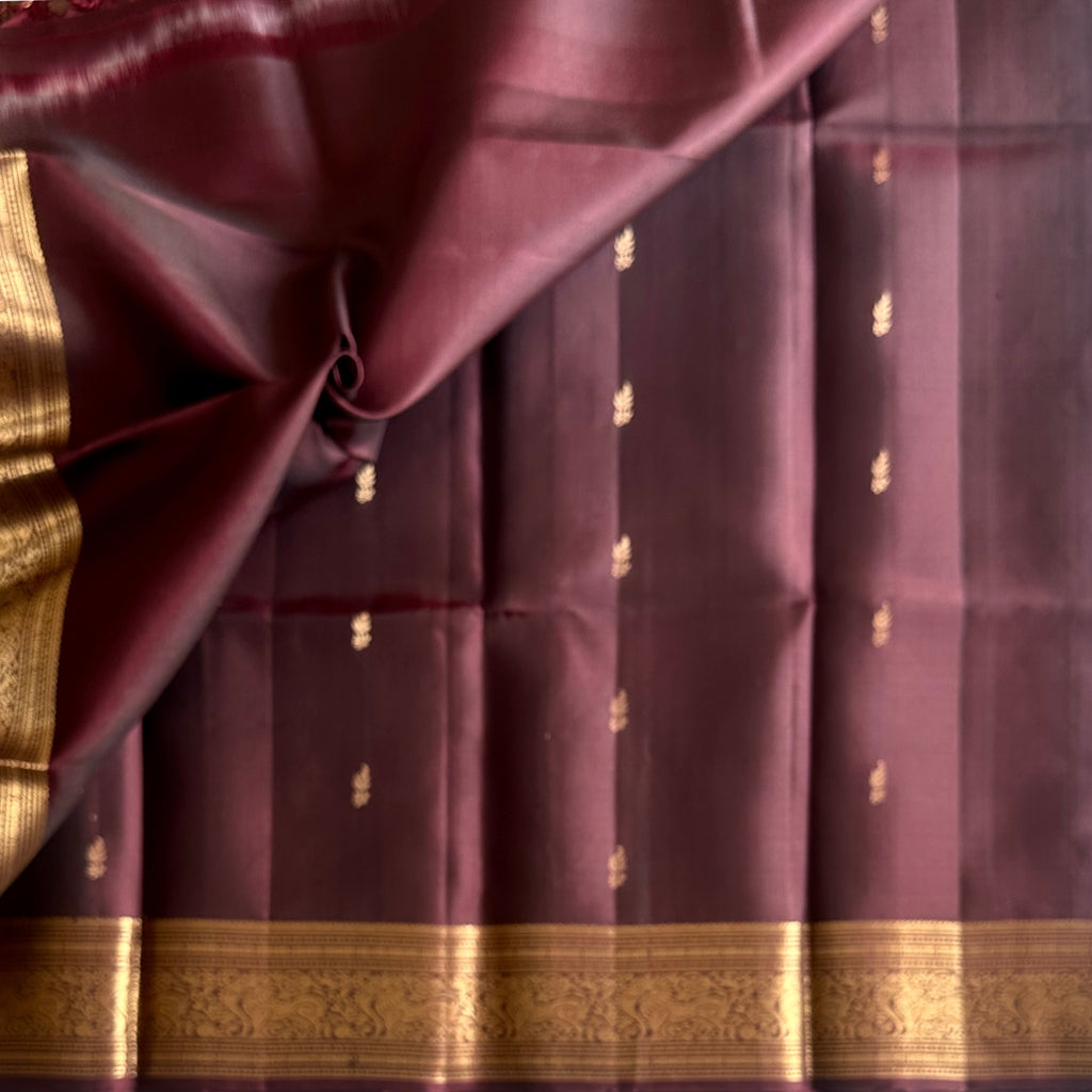 Traditional Deep Burgundy Silk Saree with Antique Gold Zari Border