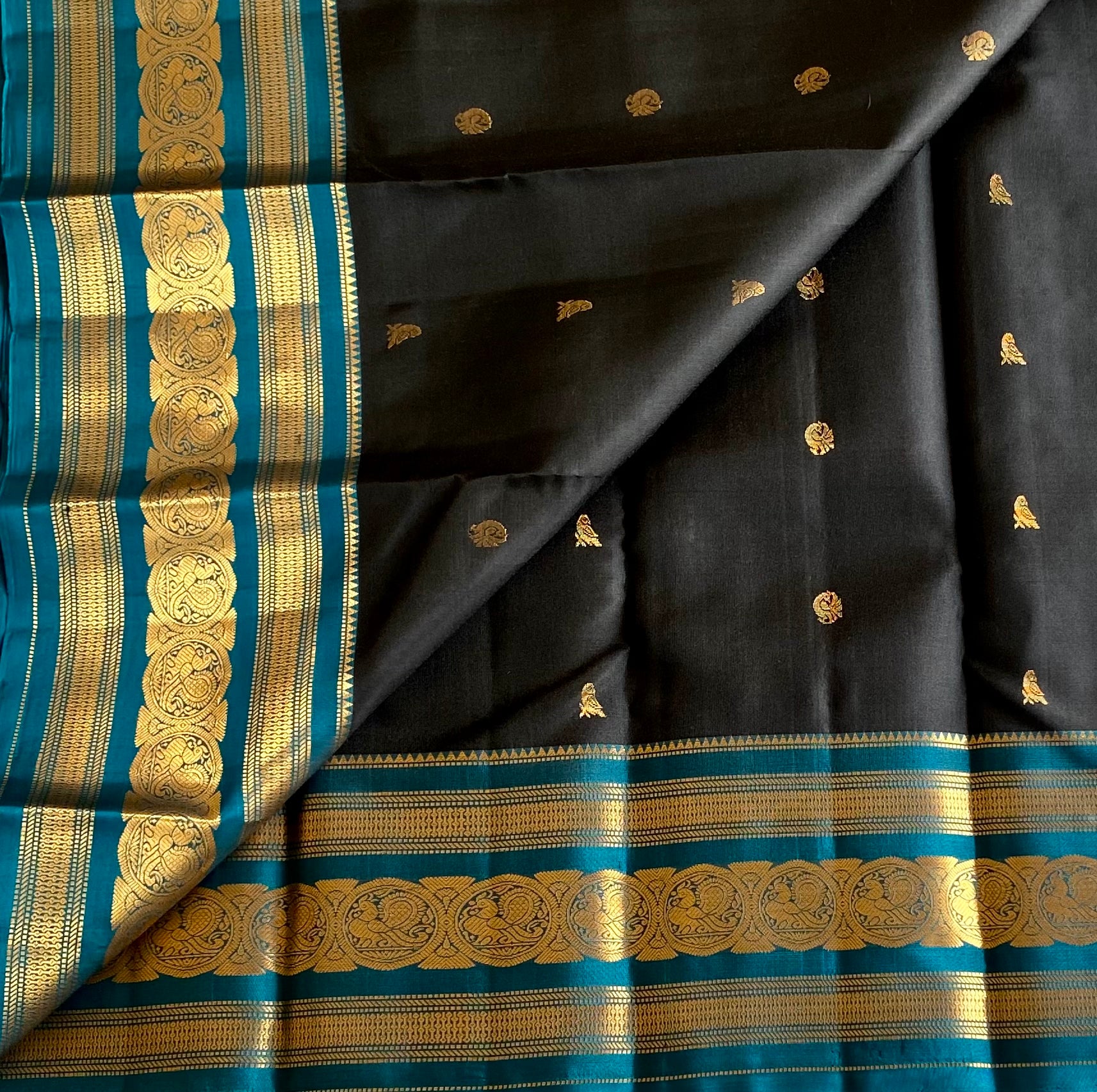 Elegant Charcoal Teal Silk Saree With Gold Woven Medallion Border