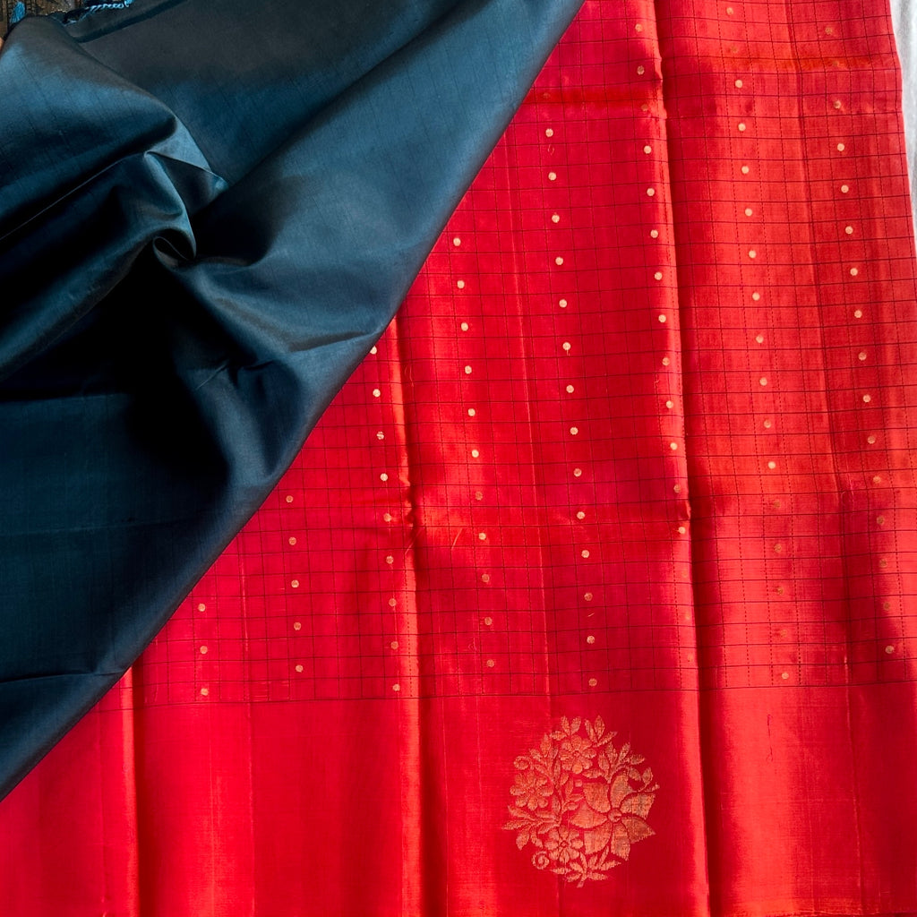 Scarlet Red Teal Pallu Antique Gold Zari Floral Wedding Saree