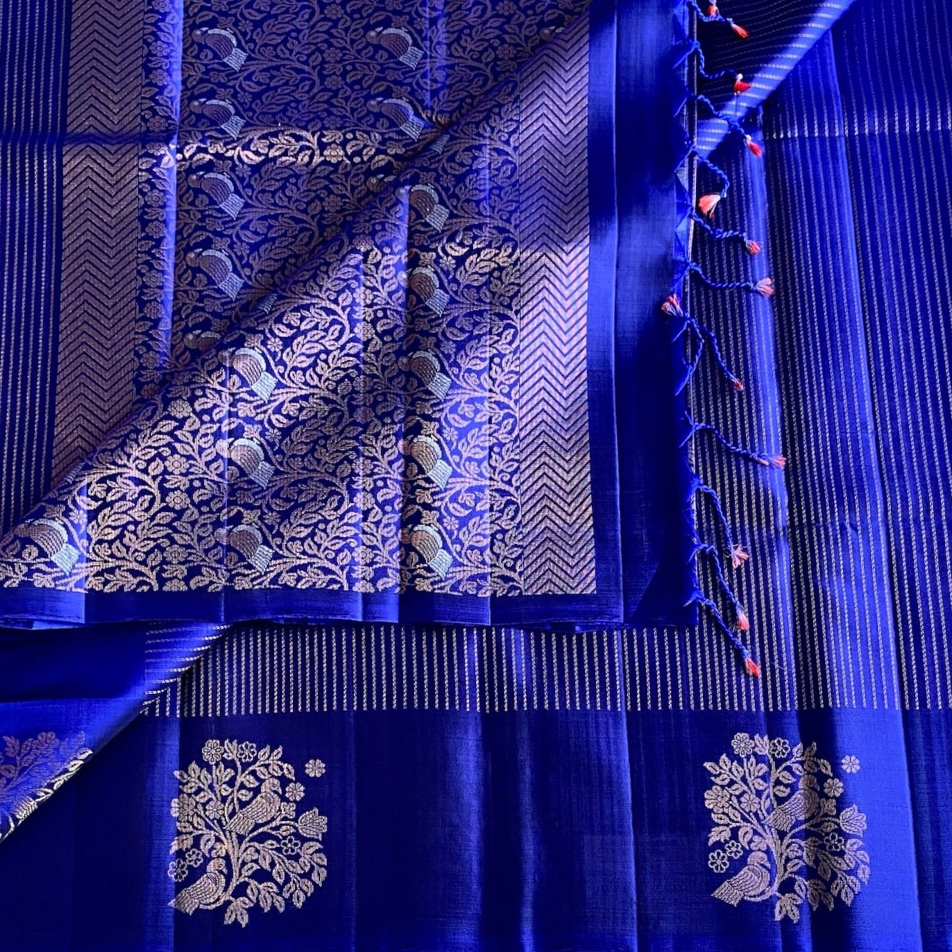 Royal Blue Designer Pure Silk Saree With Gold Pallu And Chevron Border