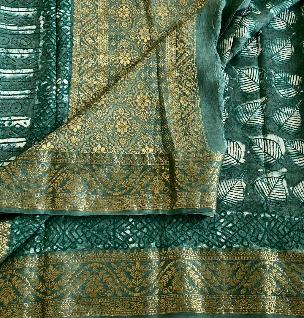Teal Green Ajrakh Handblock Printed Silk Saree With Antique Gold Brocade