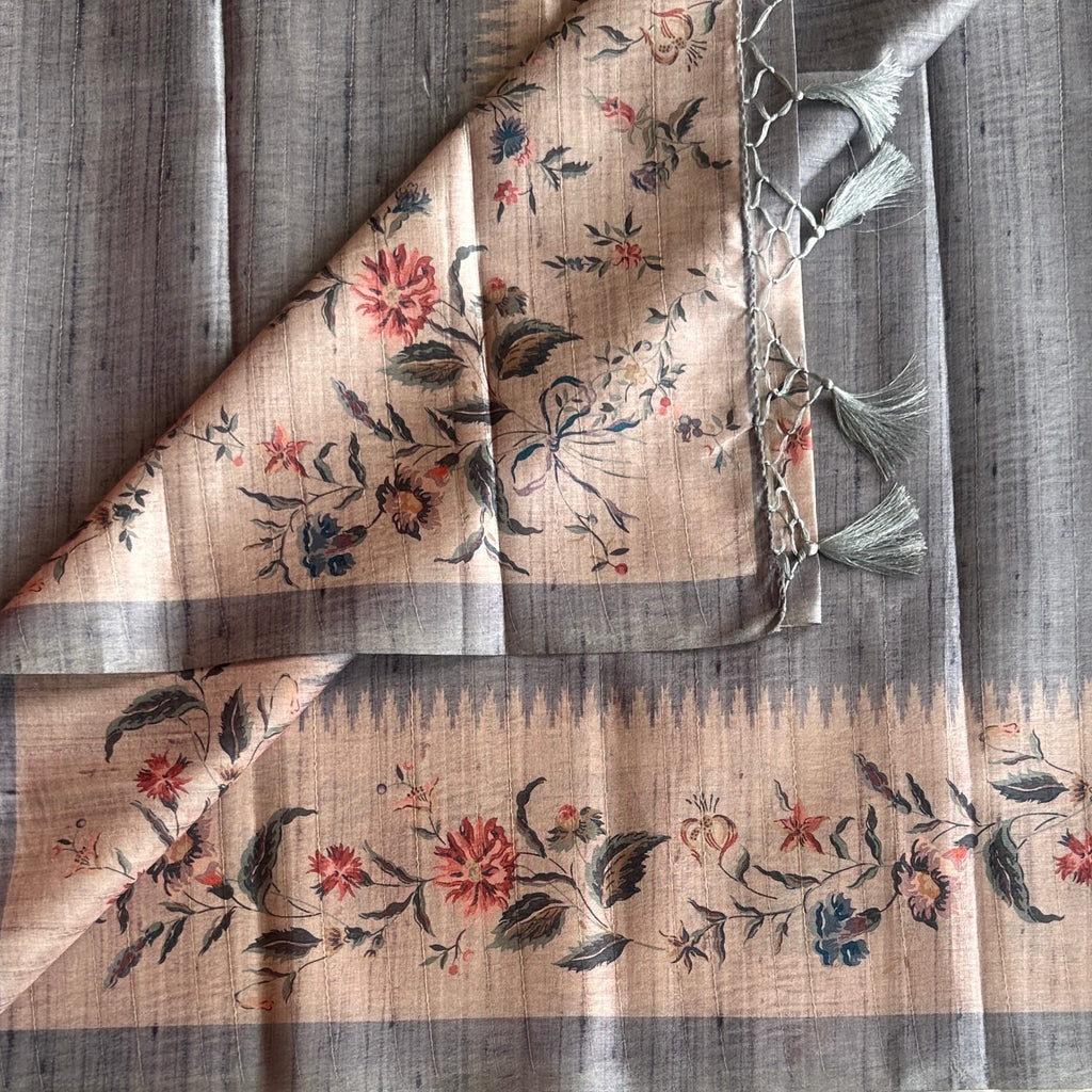 Elegant Slate Grey Floral Tassel Saree Blush Pallu Subtle Sheen