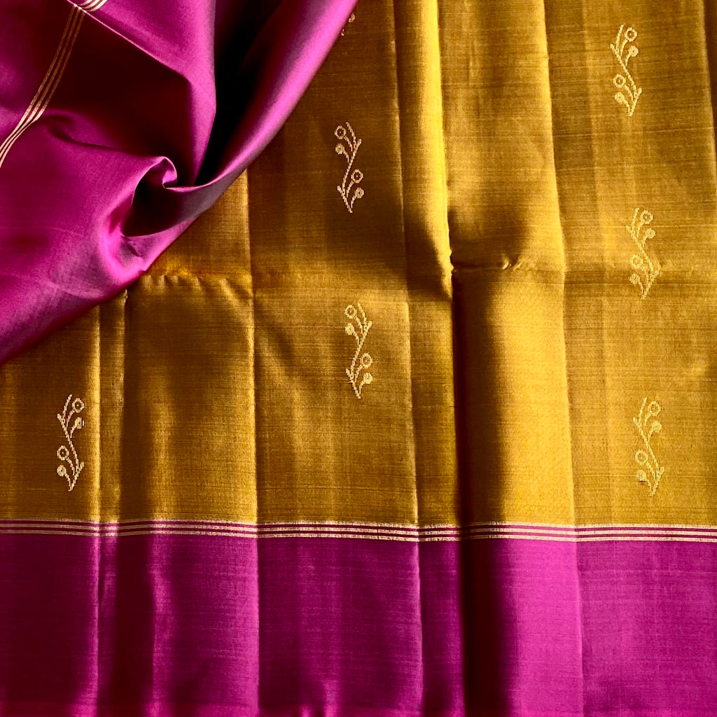 Golden Mustard Designer Pure Silk Saree With Rich Magenta Border